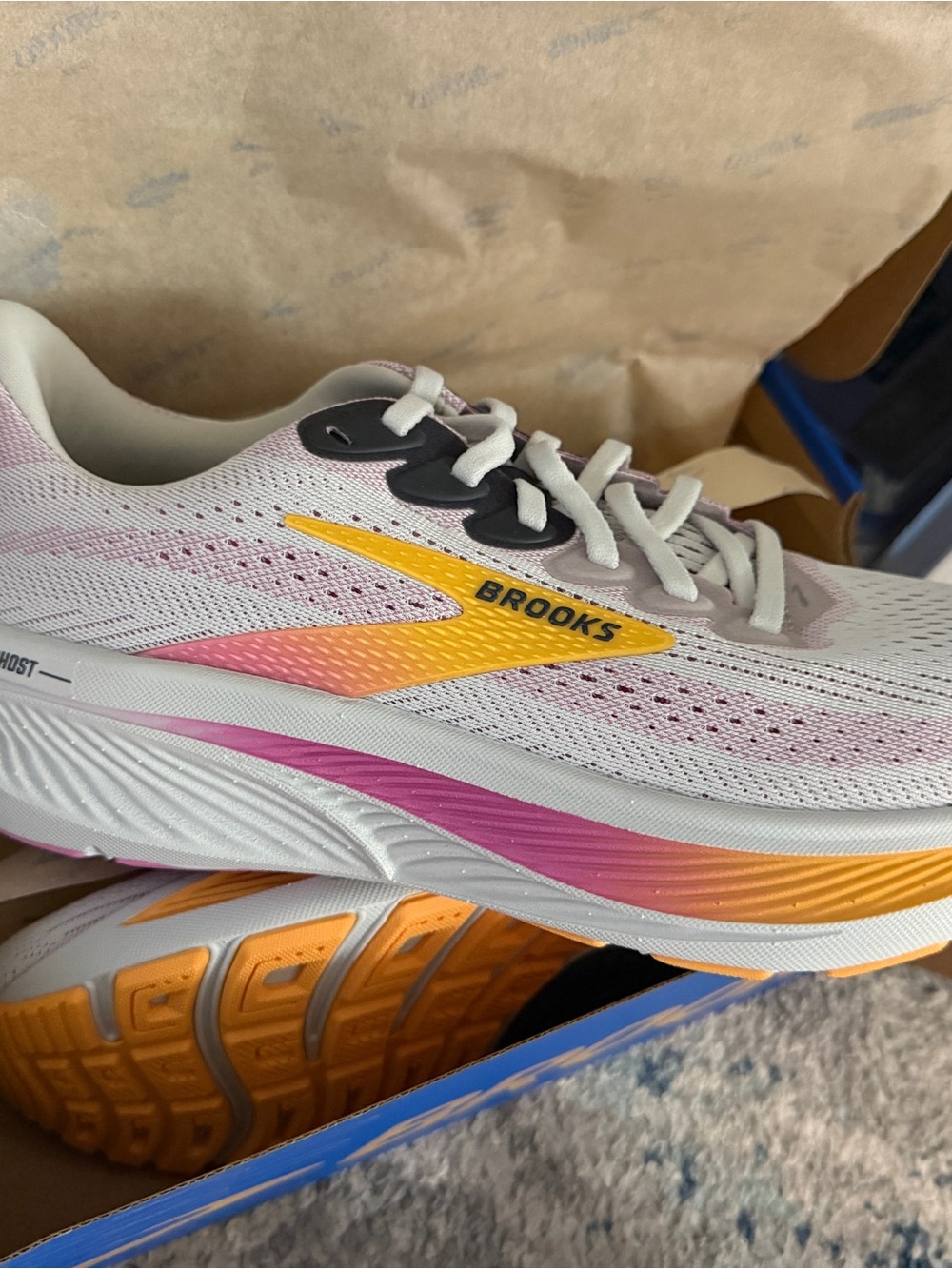 Brooks Women's White Shoes with Pink and Yellow Gradient Accents